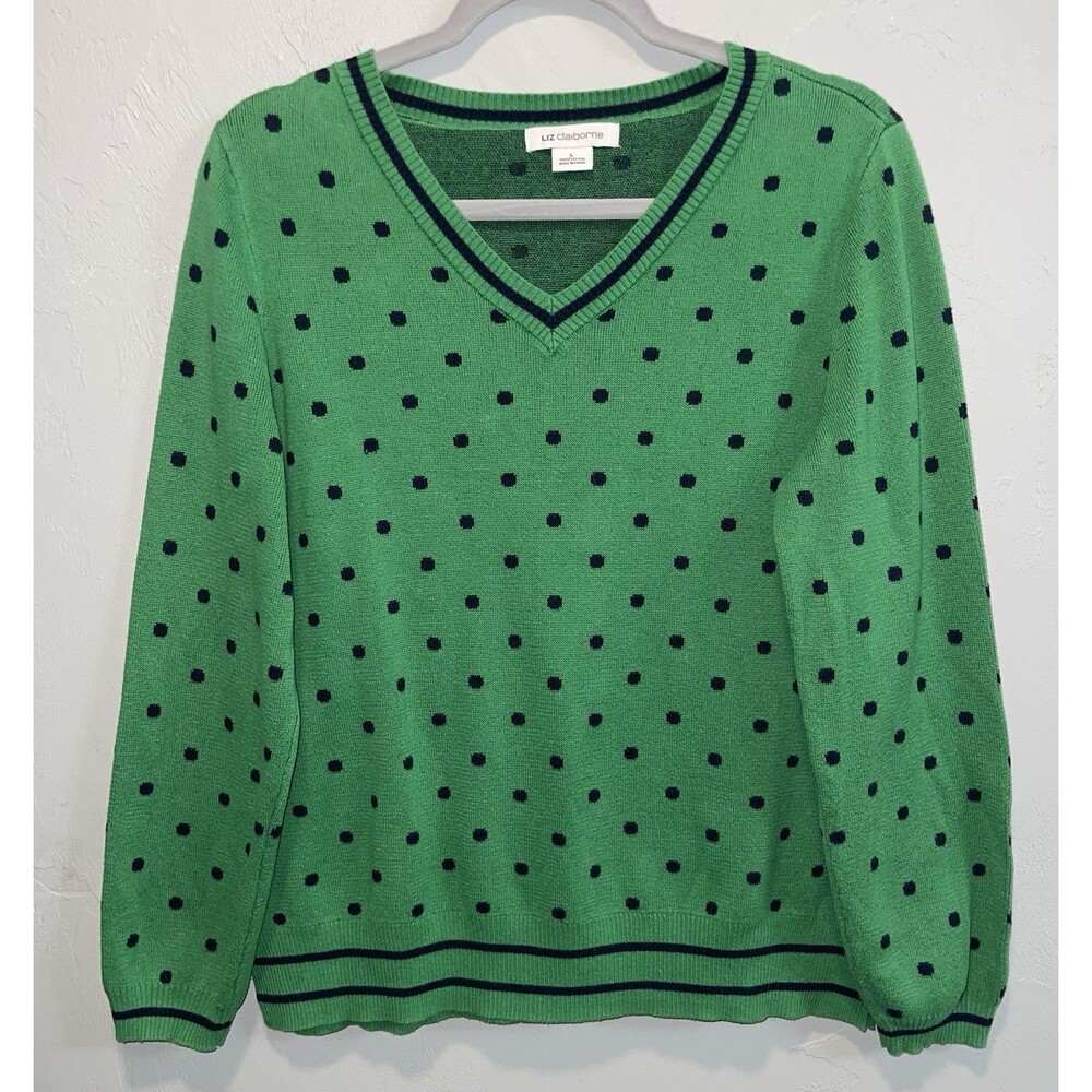 Liz Claiborne Green Polka Dot V Neck Cotton Sweater Y2K Preppy Women’s Large